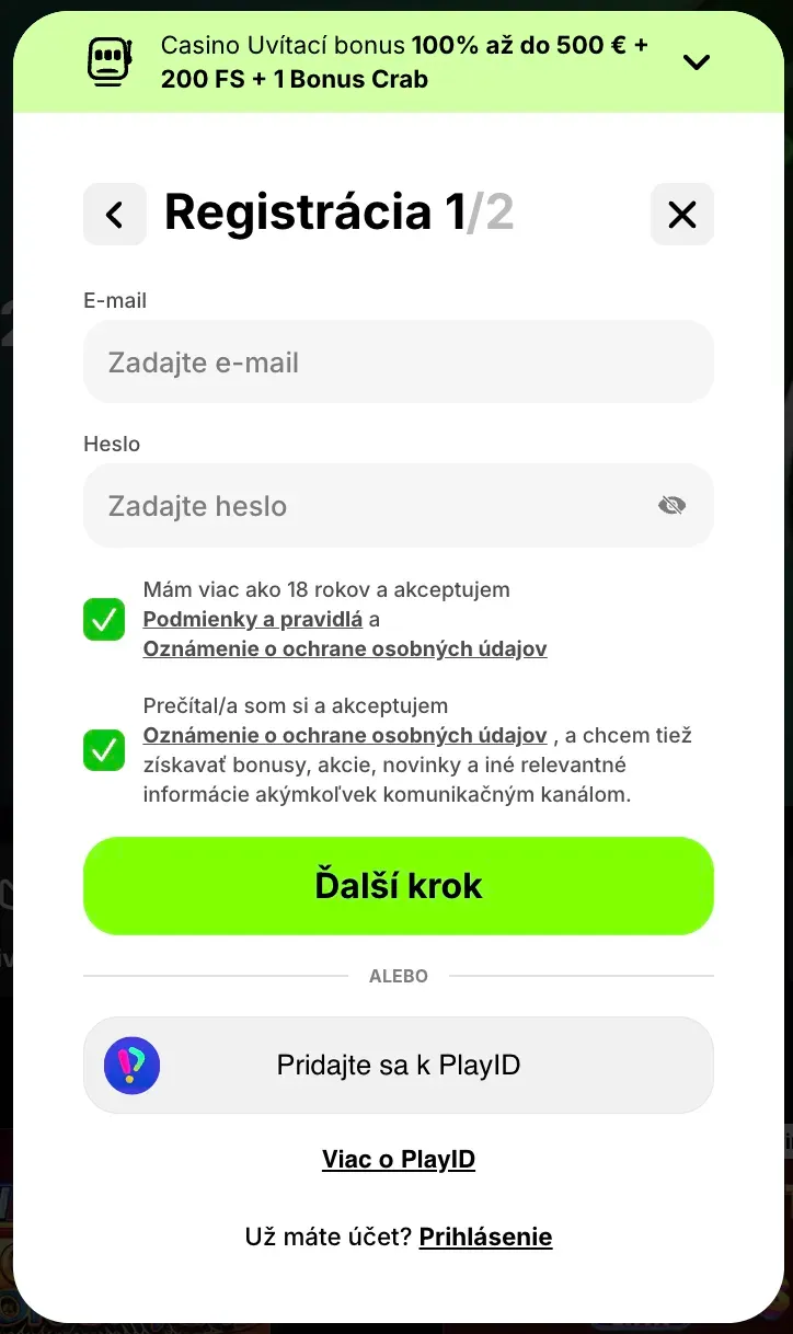 Registračný formulár v Spinit casino